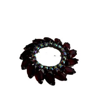 Vintage Ruby Red Rhinestone Circle Brooch In Floral Box